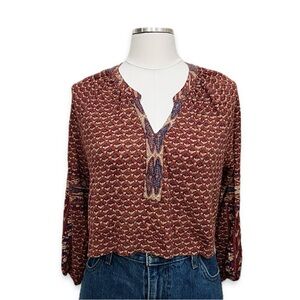 lucky | red boho tapestry hippie crop raw hem 3/4 sleeve vneck blouse top | sz l